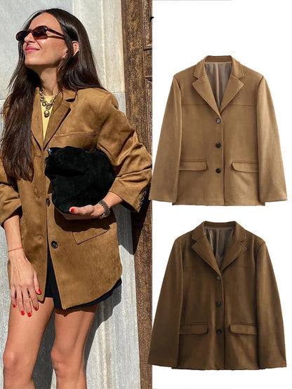 V-Neck Knit Blazer Loose Fit Jacket | Wovetsa