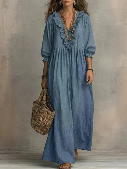 Striped Ruffle Lantern Sleeve Maxi Dress | Wovetsa