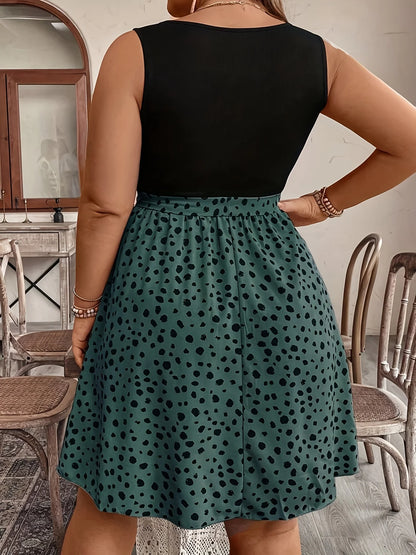 Large Women's Knitted Spliced Woven Round Neck Sleeveless Waist Cinched A-Line Short Vacation Dress