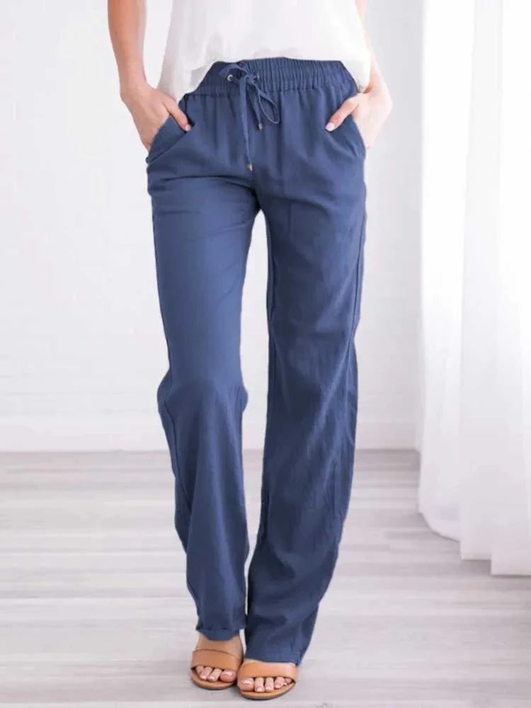 Linen-Blend Drawstring Wide-Leg Pants | Wovetsa