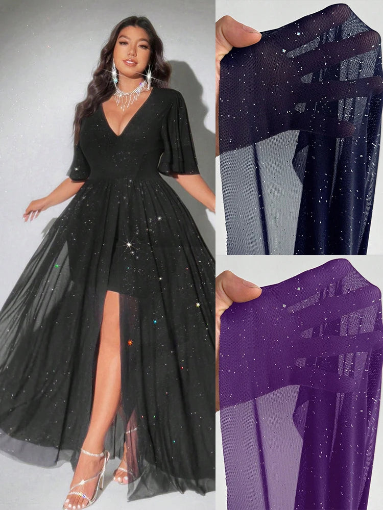 Plus Size Deep V-Neck Petal Sleeve A-Line Evening Dress | Wovetsa