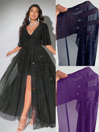 Plus Size Deep V-Neck Petal Sleeve A-Line Evening Dress | Wovetsa