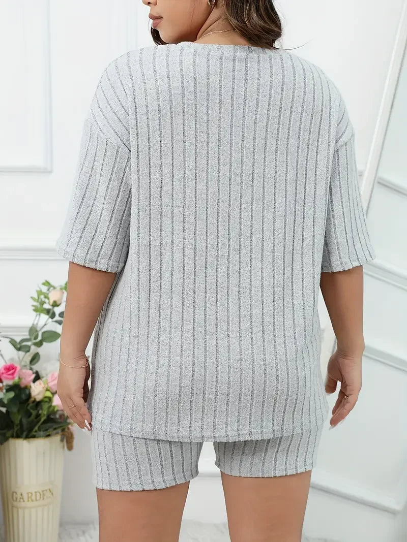 Plus Size Ribbed Lounge Set Top & Shorts | Wovetsa