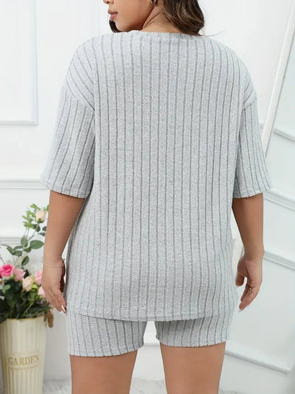 Plus Size Ribbed Lounge Set Top & Shorts | Wovetsa