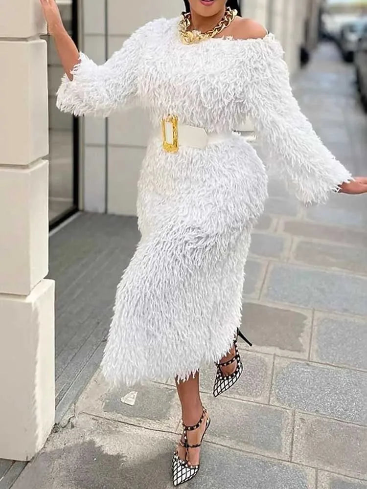 Winter Evening Dress Woman Long Sleeve Off Shoulder White Elegant Dresses with Belt Chic Faux Fur Dress Wholesale Dropshipping