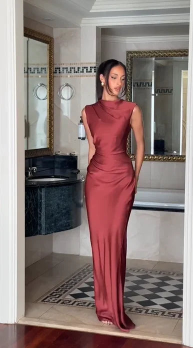 Ruched Waist Satin Fishtail Evening Gown | Wovetsa