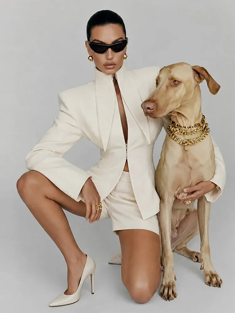 Long Sleeve Stand Collar Blazer & Shorts Two Piece Set | Wovetsa