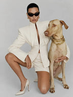 Long Sleeve Stand Collar Blazer & Shorts Two Piece Set | Wovetsa
