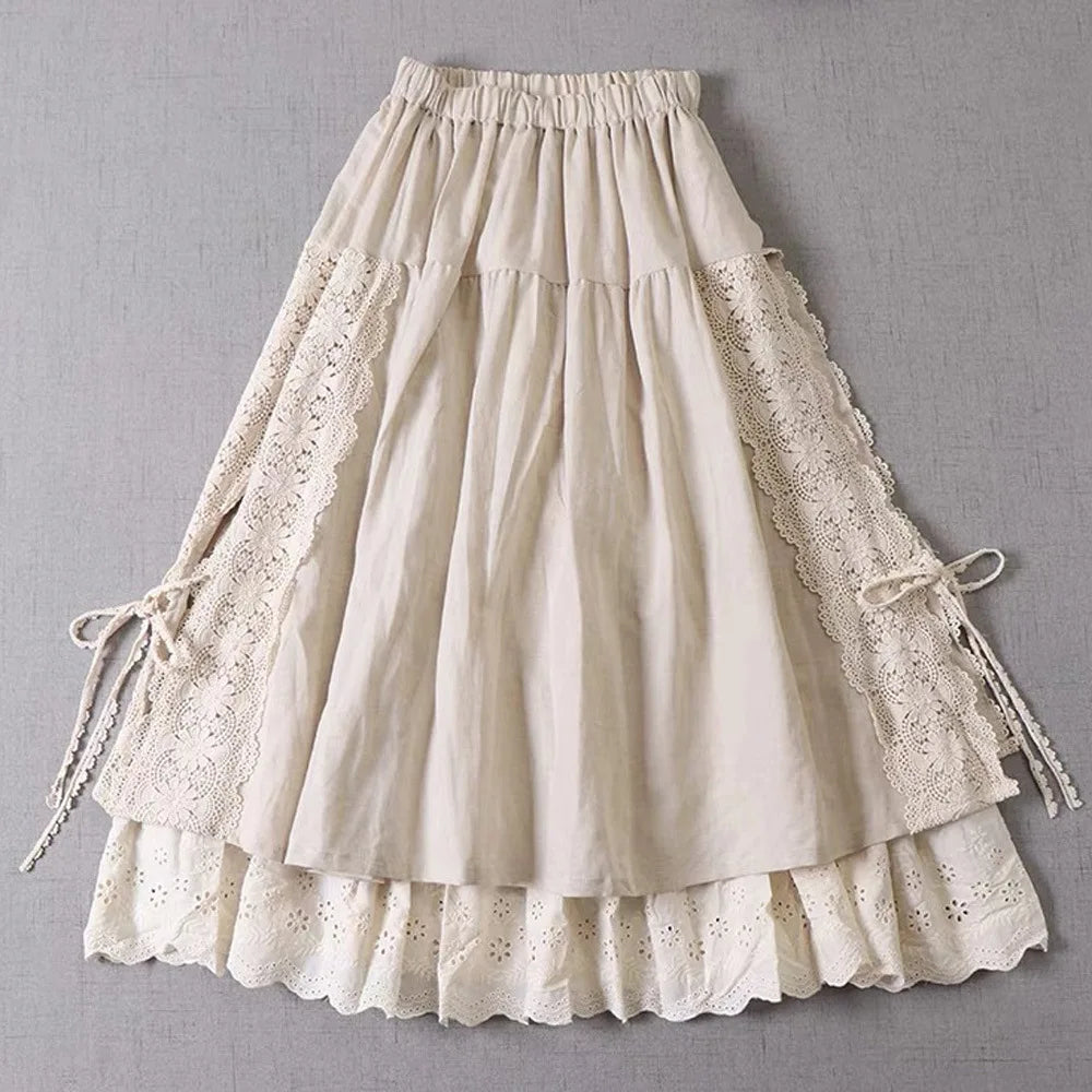Lace Embroidery Cotton Linen Pleated Skirt | Wovetsa