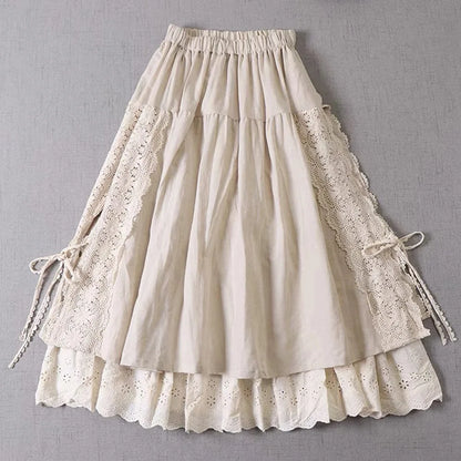 Lace Embroidery Cotton Linen Pleated Skirt | Wovetsa