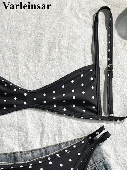 Polka Dot V-Neck High-Leg Bikini Set | Wovetsa
