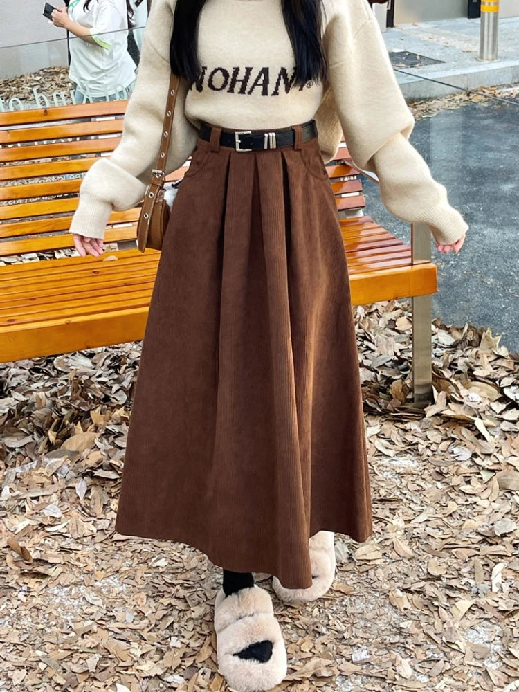 High Waist Corduroy Pleated Midi Skirt with Belt | Wovetsa