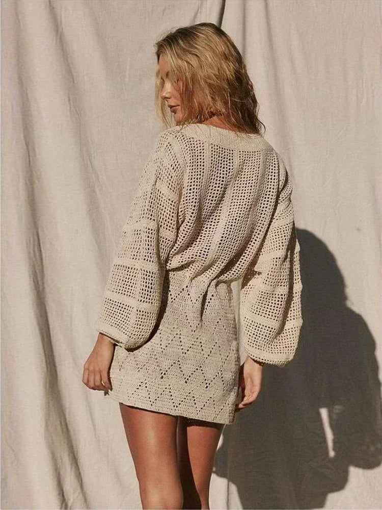 Deep V-Neck Hollow-Out Lantern Sleeve Knit Mini Dress | Wovetsa