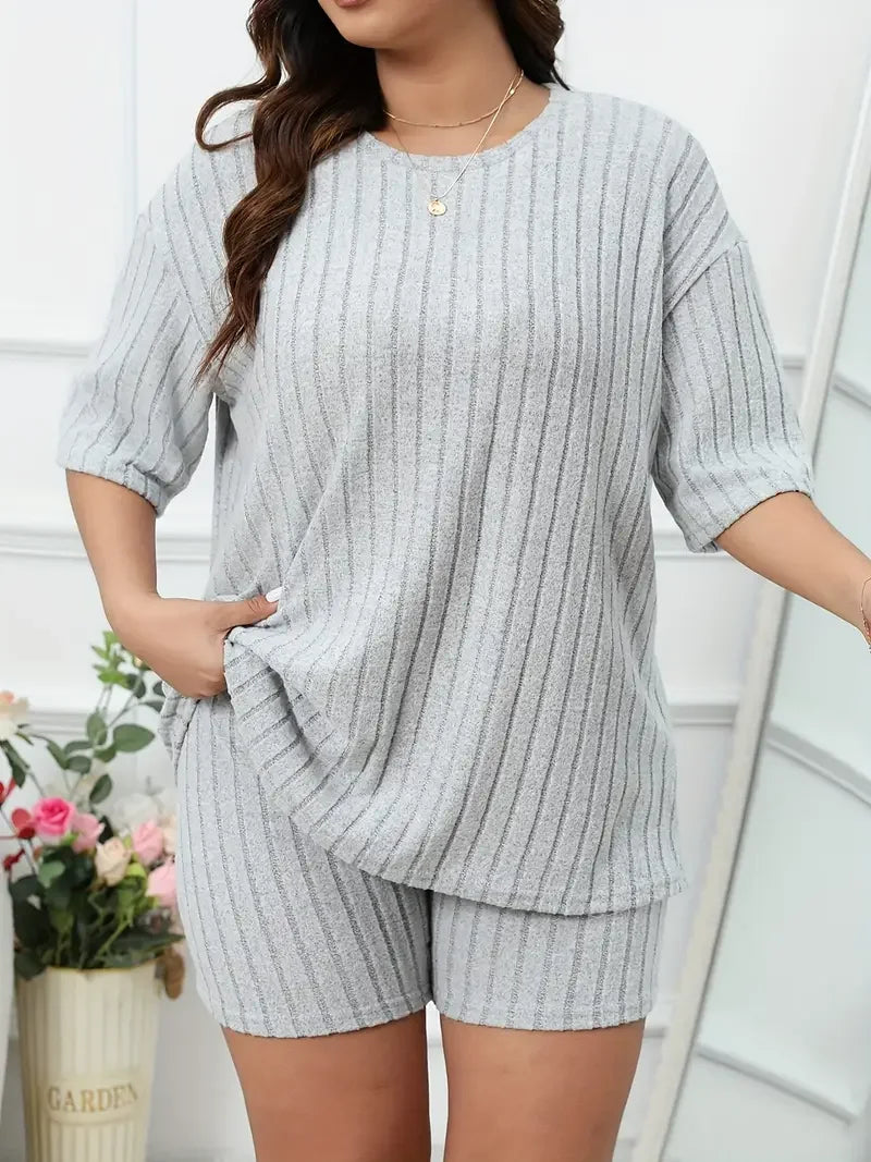 Plus Size Ribbed Lounge Set Top & Shorts | Wovetsa