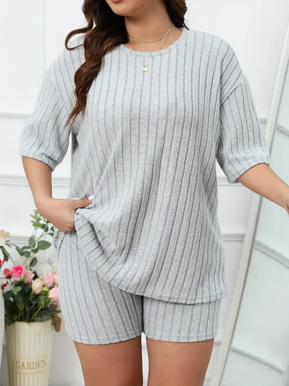 Plus Size Ribbed Lounge Set Top & Shorts | Wovetsa