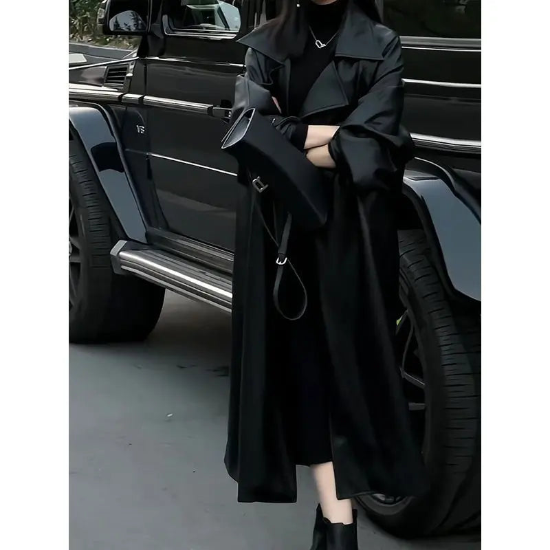 Design Blazers Leather Trench Coat For Women Spring Autumn Over The Knee Long PU Leather Jacket Female Black Leather Windbreaker