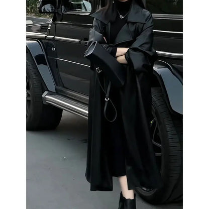 Design Blazers Leather Trench Coat For Women Spring Autumn Over The Knee Long PU Leather Jacket Female Black Leather Windbreaker