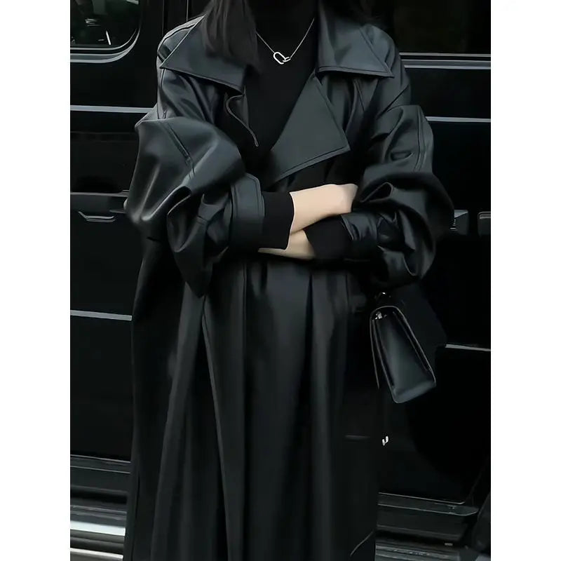 Design Blazers Leather Trench Coat For Women Spring Autumn Over The Knee Long PU Leather Jacket Female Black Leather Windbreaker