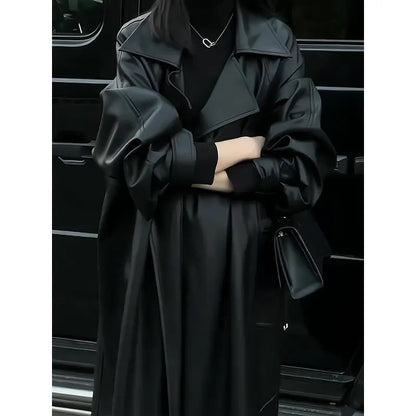 Design Blazers Leather Trench Coat For Women Spring Autumn Over The Knee Long PU Leather Jacket Female Black Leather Windbreaker