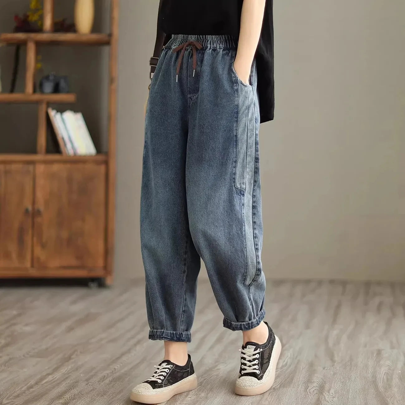 Elastic Waist Patchwork Denim Harem Pants | Wovetsa