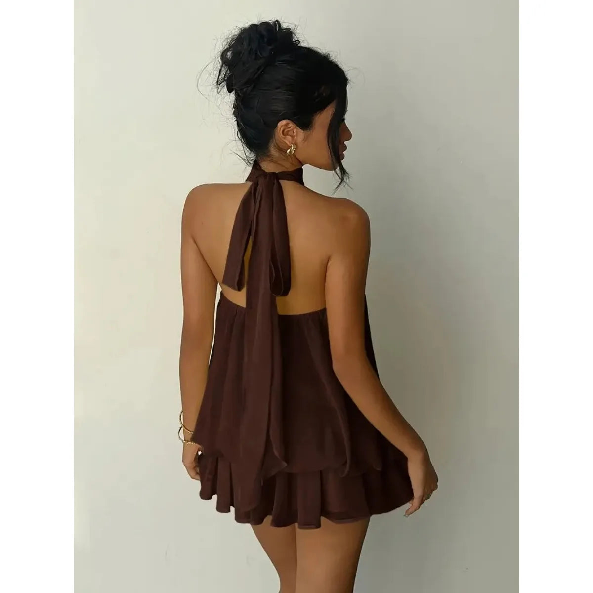 Halter Neck Backless Tie-Front Mini Dress | Wovetsa