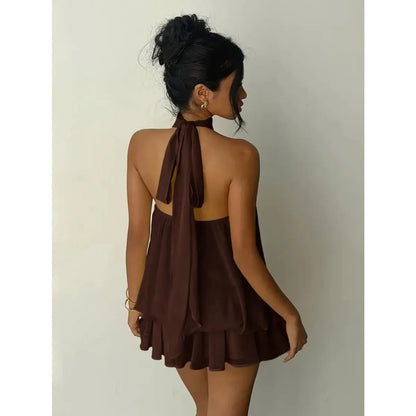 Halter Neck Backless Tie-Front Mini Dress | Wovetsa