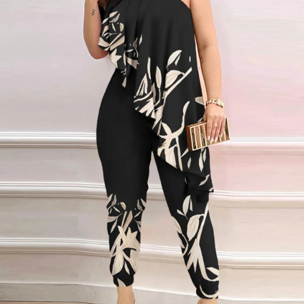 Diagonal Shoulder Ruffle Wide Leg Jumpsuit | Wovetsa