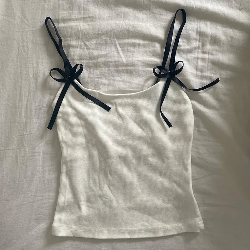 Y2K Bow-Trim Crop Tank Top | Wovetsa