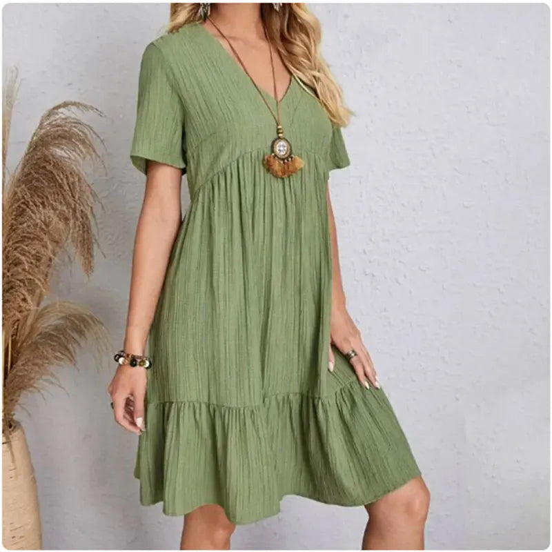 Women's V-Neck Short Sleeve Peplum Ruffle Dress | Wovetsa