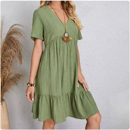 Women's V-Neck Short Sleeve Peplum Ruffle Dress | Wovetsa