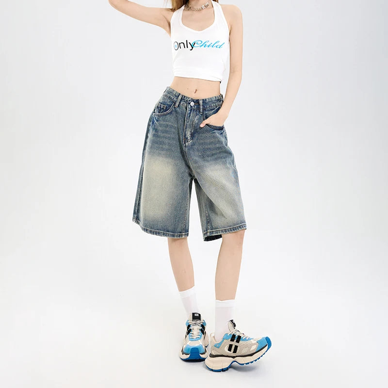 Y2K Tie-Dye Wide-Leg Denim Shorts | Wovetsa