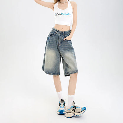 2026 Korean Street Casual Y2K Loose Wide-leg Denim Shorts Five-point Baggy Jeans Women's All-match Straight Summer Hot Shorts