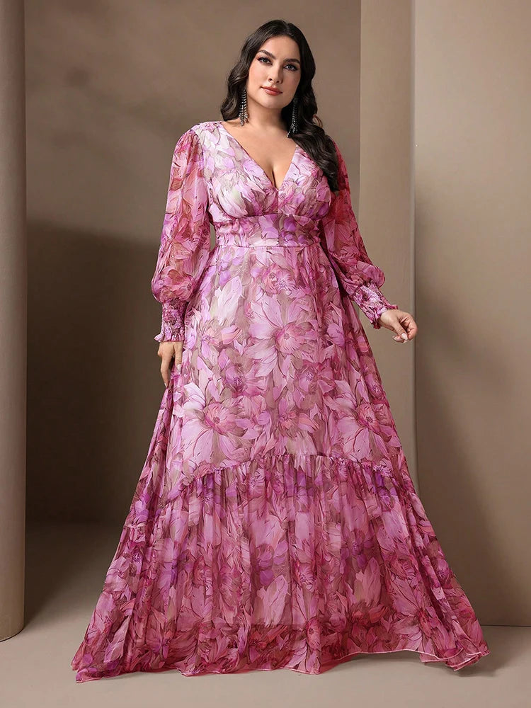 Plus Size Floral V-Neck Lantern Sleeve Maxi Dress | Wovetsa
