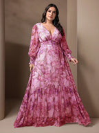 Plus Size Floral V-Neck Lantern Sleeve Maxi Dress | Wovetsa
