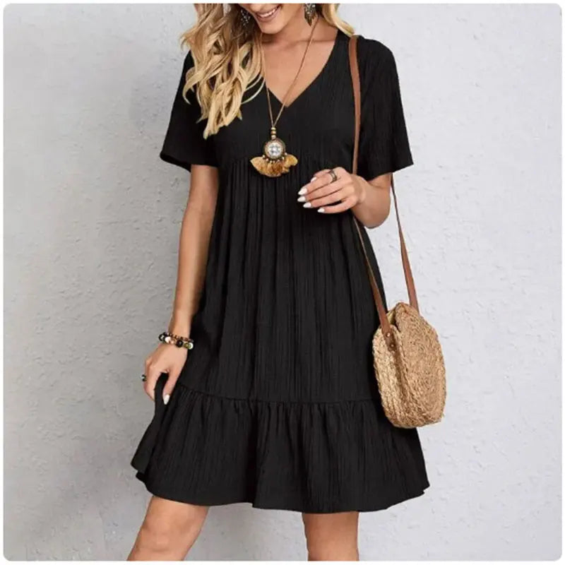 Women's V-Neck Short Sleeve Peplum Ruffle Dress | Wovetsa