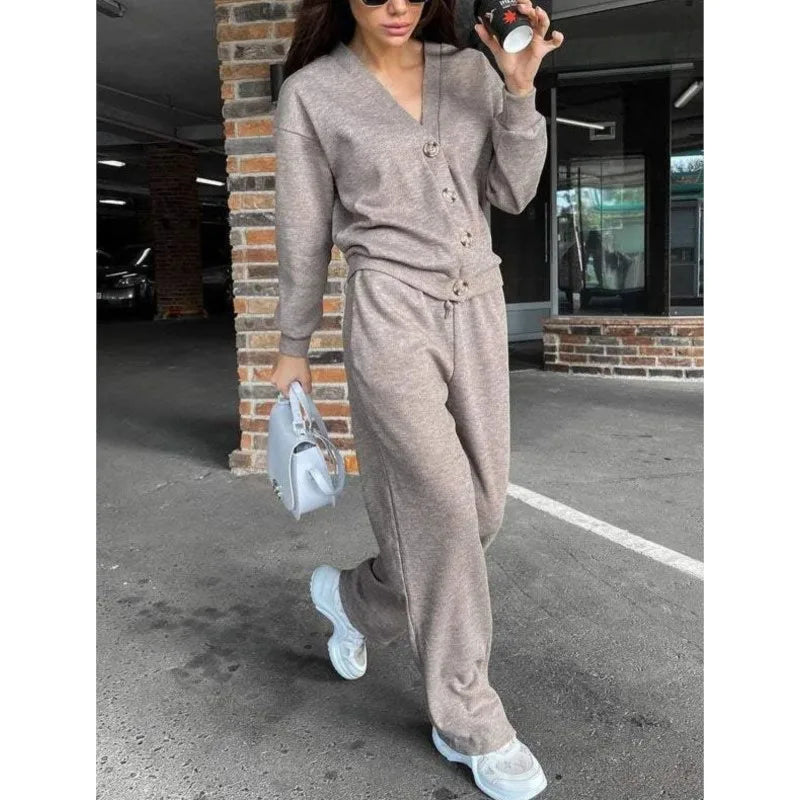 V-Neck Single-Breasted Cardigan & Pants Set | Wovetsa