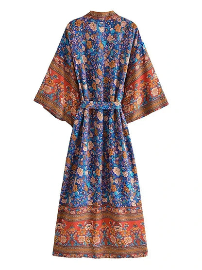 Floral Print Bohemian Kimono Maxi Cover-Up | Wovetsa