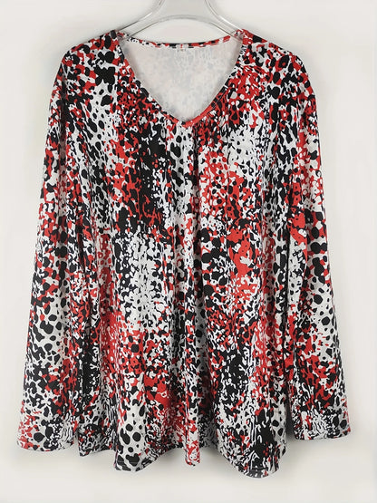 Plus Size Leopard Print V-Neck Long Sleeve Top | Wovetsa