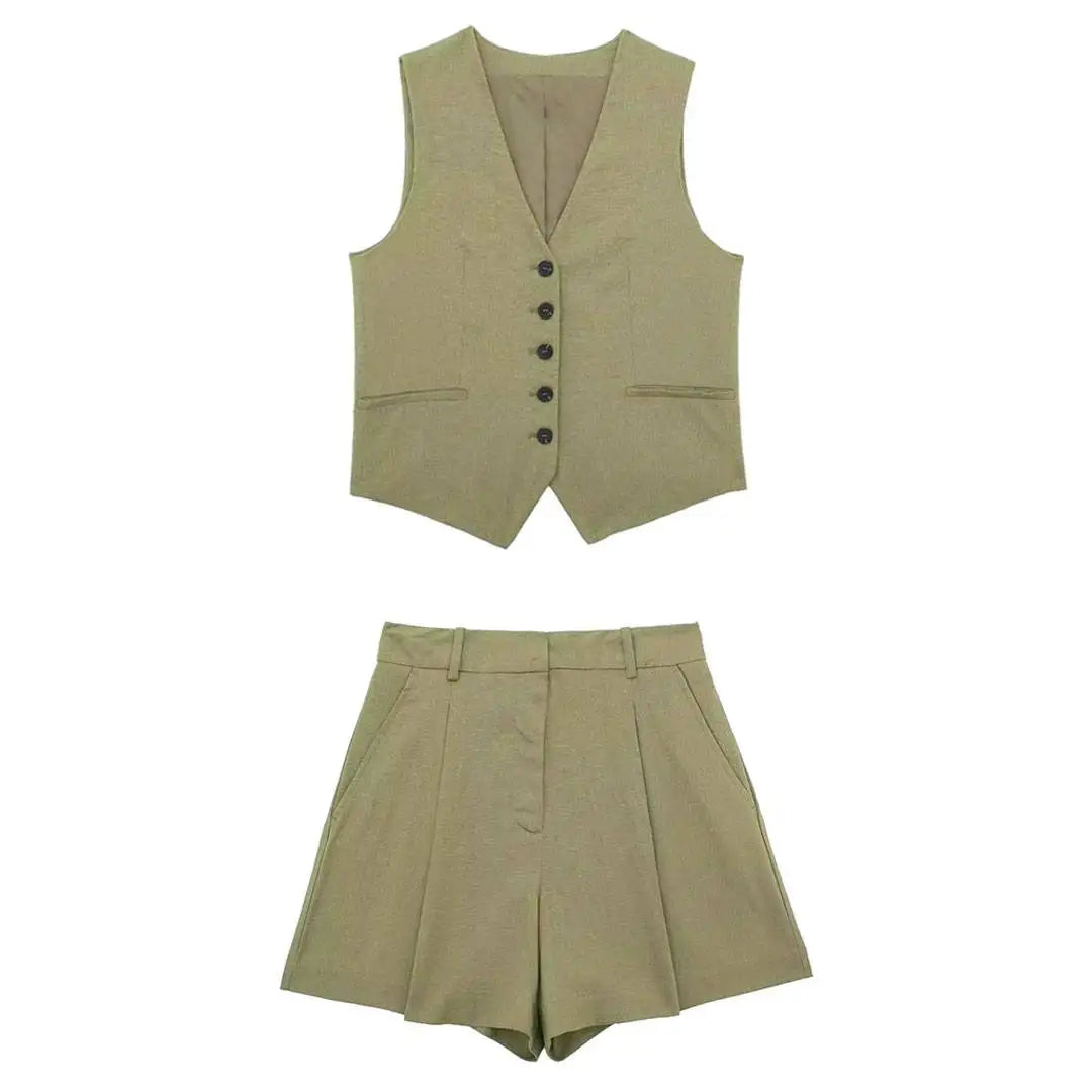 Women's Green Summer Two Piece Set | Relaxed Elegant Vest and Shorts Outfit