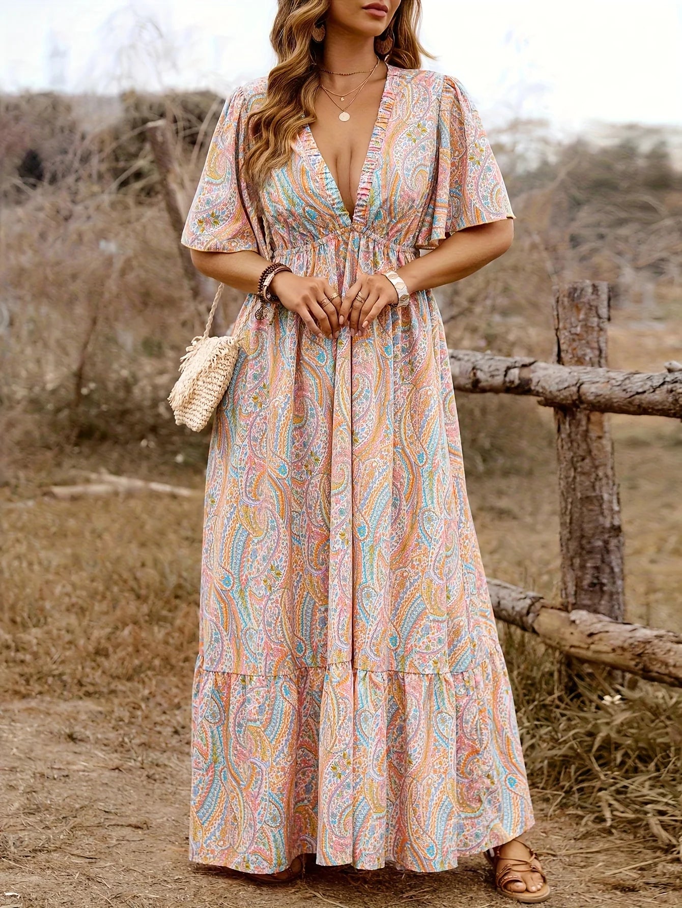 Plus Size Paisley Print Butterfly Sleeve Maxi Dress | Wovetsa