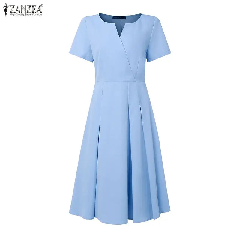 Women's Elegant V Neck A-Line Midi Dress | Short Sleeve Minimal Summer Dress