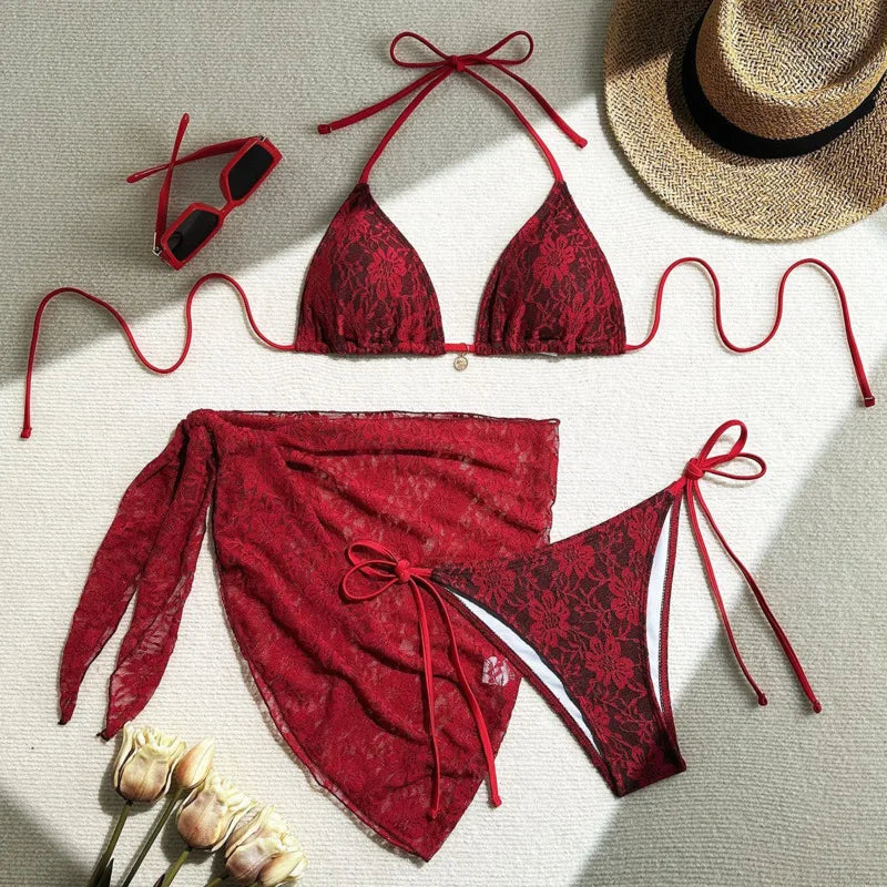 Lace Contrast 3-Piece Bikini Set | Wovetsa