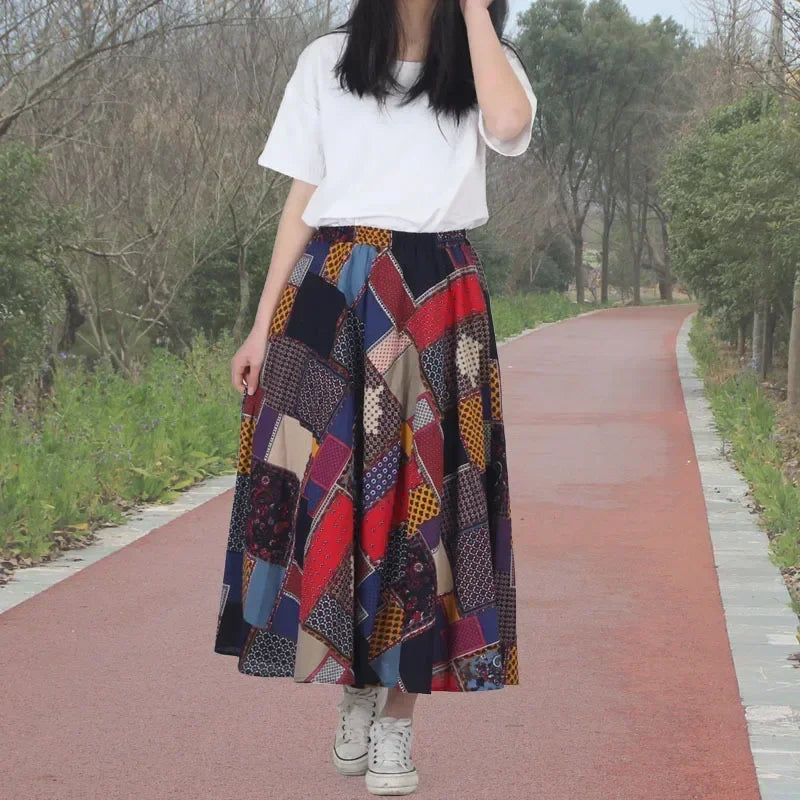 Bohemian Floral Print Cotton Linen Maxi Skirt | Wovetsa