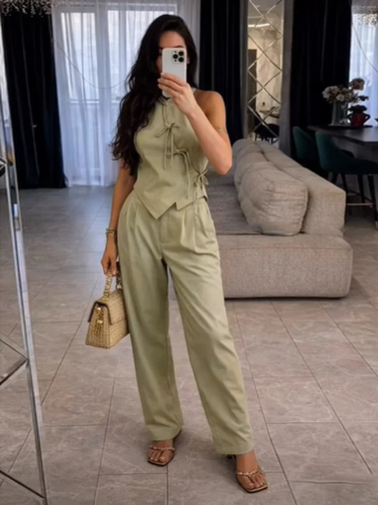 Green Bowknot Wide-Leg Pant Suit | Wovetsa