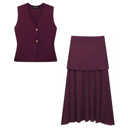 Women's Knit V-Neck Vest & Long Skirt Two Piece Set | Wovetsa