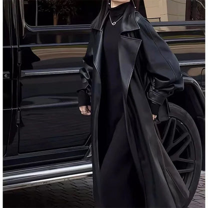 Design Blazers Leather Trench Coat For Women Spring Autumn Over The Knee Long PU Leather Jacket Female Black Leather Windbreaker