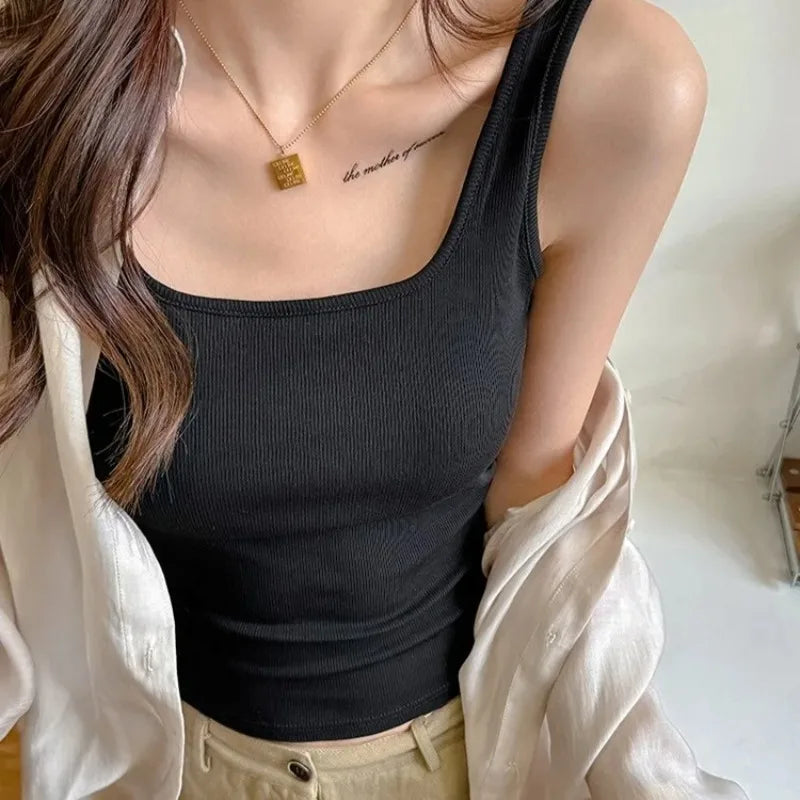 Backless Tank Top with Built-in Bra – Square Neck Camisole | Wovetsa