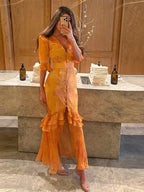 Elegant Lace Trimmed Printed Dress Women Chic Deep V-neck Waist Cinching Split Short Sleeve Maxi Dress Lady Party Vestidos 2026