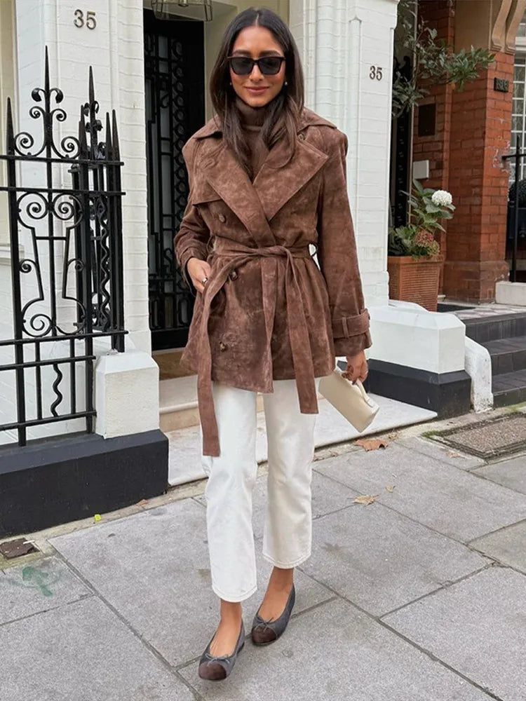 Suede Belt Jackets Women Loose Lapel Double Breasted Long Sleeves Coats Female 2025 Autumn Winter Chic Vintage Street Outwears