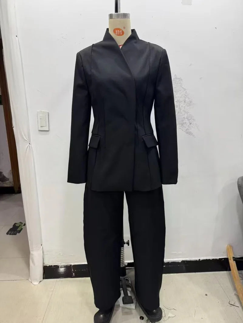High Collar Slim Blazer & Wide Leg Trouser Set | Wovetsa